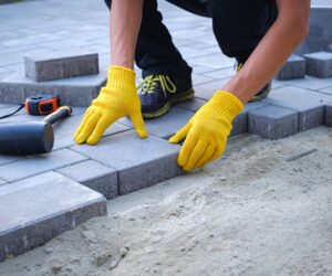 Block paving bricks, blocks sand and cleaning products